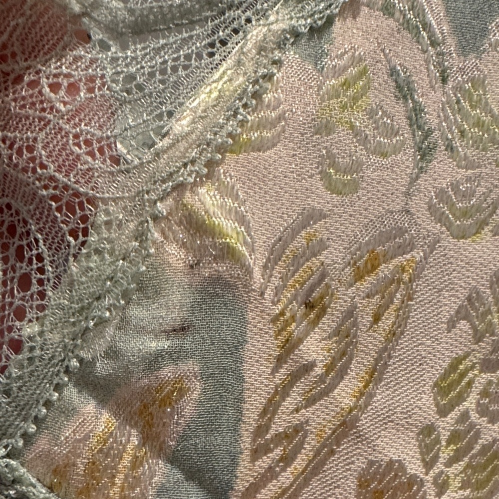 Lulu's Sage and Cream Satin Floral Midi Dress with Lace Sides. - Picture 2 of 10